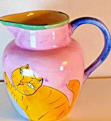 Jarra de cerámica pintada a mano naranja gato amarillo púrpura verde Foto 1 de 4