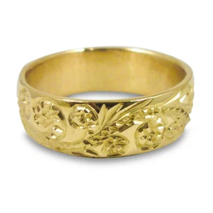 Solid 14K Women's Yellow Gold Hand Engraved Hawaiian Scroll Ring 6mm Gold Band - Picture 1 of 9