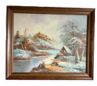 Framed Oil Canvas Landscape Painting by G. Whitman~ Mountains Cabin Lake 16x20