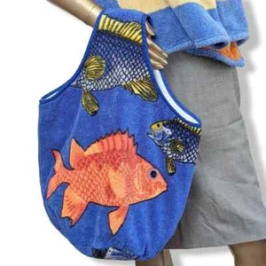 Hermes Vintage 1970s Bleu/Orange sac de plage en éponge Poissons - Picture 1 of 8