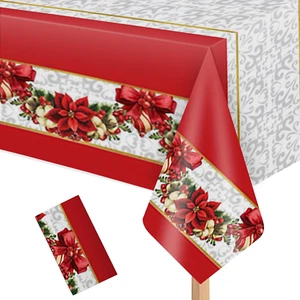 1 Pieces Christmas Plastic Tablecloth 54X108 Inch Poinsettia Rectangle Tableclot - Picture 1 of 4