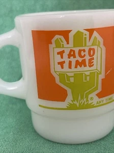 Vintage Taco Time Fire King Stackable Coffee Mug Milk Glass Sign Cactus Pop - Picture 1 of 15