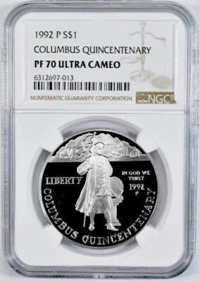 1992 P COLUMBUS Silver $1 Dollar NGC PF70💥FLAWLESS QUALITY!🏆 - Image 1 of 4