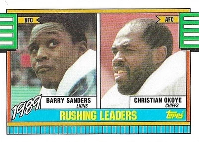 1990 Topps #28 Rushing Leaders Football Card Barry Sanders Christian Okoye - Image 1 of 2