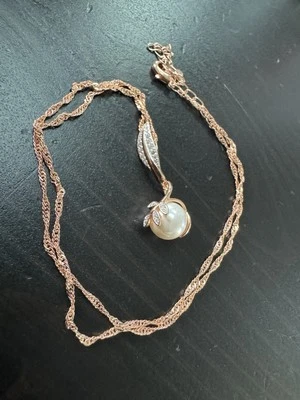 "Colgante de circón nupcial de perlas estampadas 585 14K RG cadena de broche de collar de 19""" Foto 1 de 4