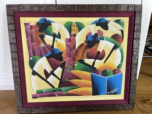 B Gerelus haitianisches Kunstwerk gerahmt signiert bunt 28,5" x 24,75" - Bild 1 von 7