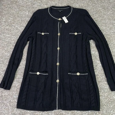 Cárdigan Suéter Talbots para Mujer XL Negro Tejido con Cable Dorado Botón Borde Bolsillos Foto 1 de 4