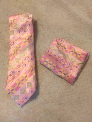 Corbata de cuello de seda y cuadrado de bolsillo Steven Land EL GRAN NUDO ~ rosa/púrpura/amarillo ~ largo ~ k Foto 1 de 4