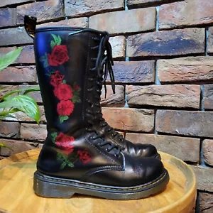 Dr Martens 1914 Y Vonda Red Roses Floral Black Boots 14 eye Mid Calf Uk 2 Eu 35 - Picture 1 of 18