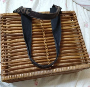 FENDI straw basket bag Logo Shoulder Bag Hand Bag Rattan Brown/Black Auth - Picture 1 of 8