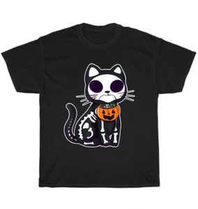 Scary Pumpkin Skeleton Cat Pet Lover Halloween Costume T-Shirt Unisex Tee Gift - Picture 1 of 4