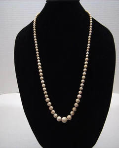 Vtg Graduated Stone Bead Necklace Continuous Strand Hand Tied Tan Beige Mottled - Picture 1 of 7