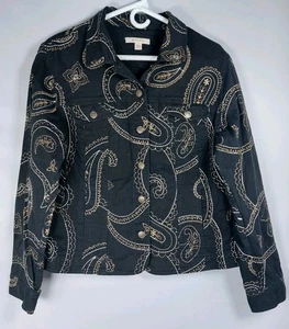 JM Collection Black Denim Blazer Jacket Paisley Gold Silver Stitching Wms 12 - Picture 1 of 6