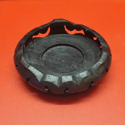 Vaso de madeira redondo esculpido à mão chinês ou suporte de tigela para até 3 1/2" base de identificação vintage - Imagem 1 de 4