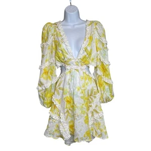 Elliatt 100% Linen Yellow Floral Aztar Cut Out Mini Dress Size M Coquette Fairy - Imagen 1 de 17