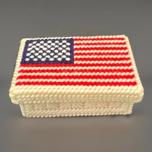 VTG Needlepoint American Flag Trinket Box Plastic Canvas Handcrafted 4” - Picture 1 of 8