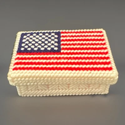 VTG Needlepoint American Flag Trinket Box Plastic Canvas Handcrafted 4” - Image 1 of 4