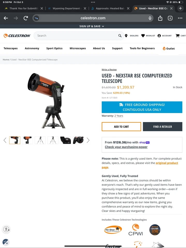 Celestron NexStar 8 SE Computerized Telescope With Deluxe Accessory Kit - Image 1 of 4