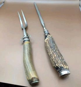 Antique Antler Handle Sterling Silver Honing Rod+Bbq Grilling Smoker Fork - Picture 1 of 13
