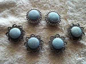 Button Covers, Lot of 6, Silver Tone Metal, Lt. Blue Fabric Centers, 2 Styles - Picture 1 of 2
