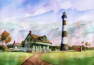 Cape Canaveral Leuchtturm Landschaft, Florida. James Mann Aquarell Kunst Notizkarten - Bild 1 von 2