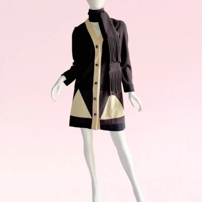 1960s Vtg Eloise Curtis For Happenstance Mod Geometric Sweater Fringe Dress S - Image 1 of 4