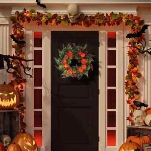 Fall Wreaths For Front Door, 17.7" Pumpkin Artificial Wreath Leaves Berries Wall - Picture 1 of 8