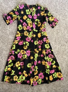 Vintage 1970'S Black Green Pink Bright Floral Double Knit Dress "IT'S BETTER" 18 - Picture 1 of 15