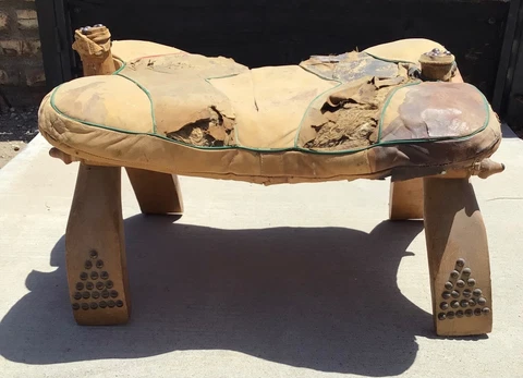 Vintage Egyptian Camel Saddle Leather Cushion Foot Stool Ottoman Wood Cover