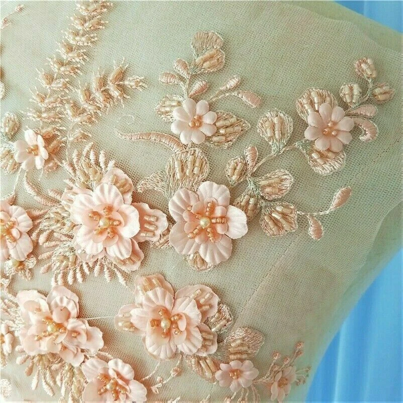 3D Floral Beaded Embroidery Lace Applique Patch Wedding Dress Cloth Decor Craft - Image 1 of 4