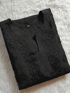 Black Cotton Embroidered Straight Kurti Indian Kurta for Women - Picture 1 of 4