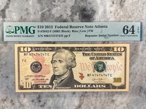 Super Repeater Fancy Serial Number 47474747 2013 $10 FRN Atlanta PMG64EPQ - Picture 1 of 9