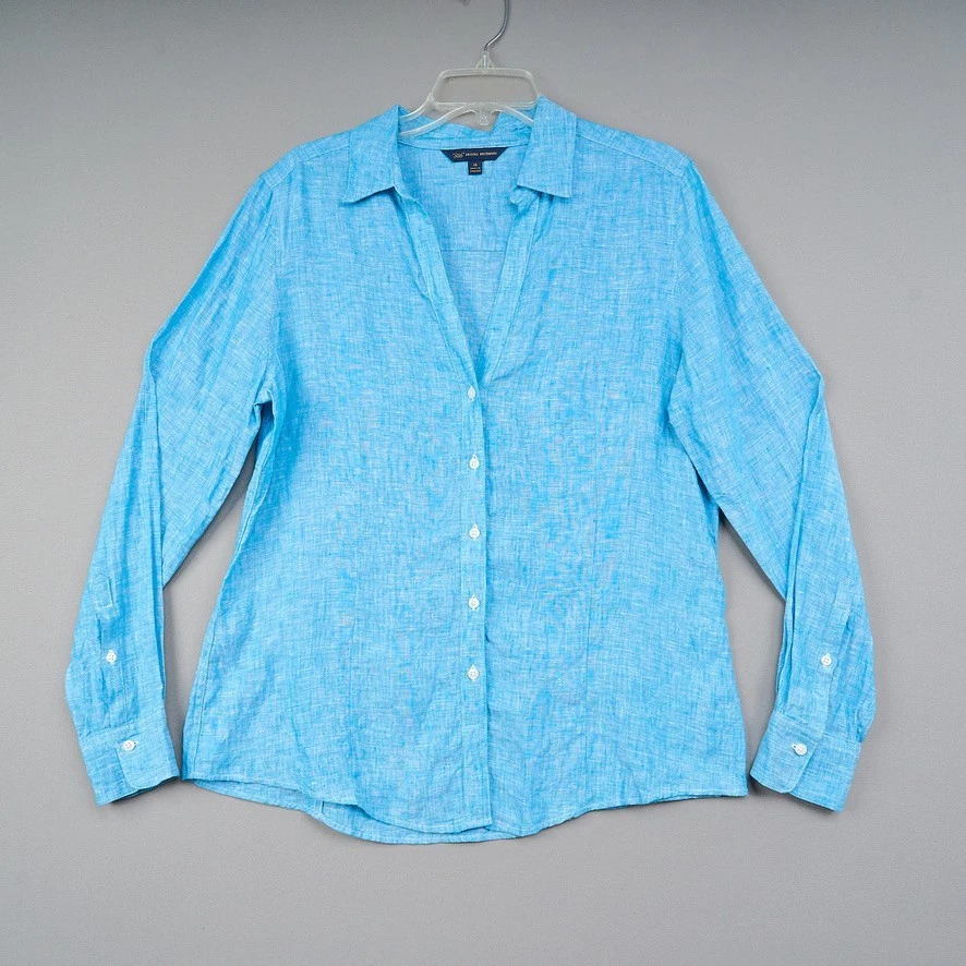 Женская льняная рубашка Brooks Brothers 14 синяя на пуговицах 346 - Изображение 1 из 4