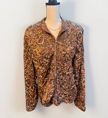 NWT Vintage MSK Evening Jacket Womens XL Tan Paisley Sequin Full Zip Crinkle Top - Image 1 of 4