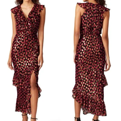 VESTIDO SALONI Mujer Talla 8 Anita Midi Mezcla Seda Volantes Metálico Cóctel Foto 1 de 4