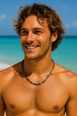 Gargantilla collar con cáscara de coco Puka para hombre mujer marrón azul surfista playa cuentas 19 pulgadas Foto 1 de 4