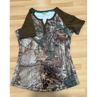 Cabelas Womens Large Hunting T Shirt Short Sleeve Camo Raglan Athletic Top - Image 1 of 4