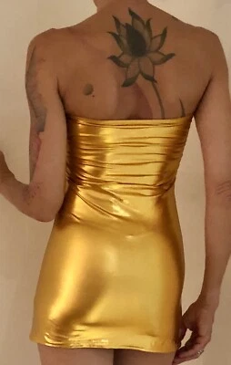 Robe Bustier Tunique Sexy Argent Simili Vinyl Latex Gold  Métalisé Dress Doré M - Photo 1/4