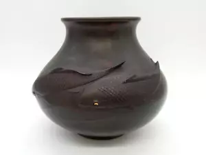 Japanese Antique Bronze Hanshido Mottled Copper Carp Vase Meiji Period - Picture 1 of 20