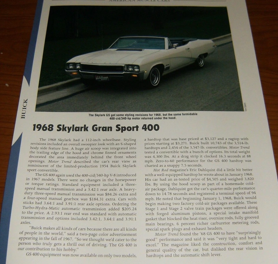 Buick Skylark Gran Sport 400 1968 especificaciones información foto 68 Foto 1 de 1