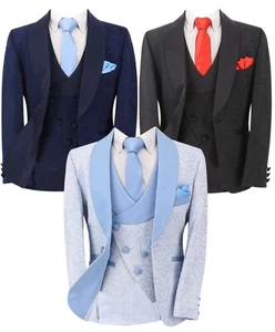 Boys Tuxedo Patterned Suit Slim Fit Page Boy Wedding Formal 3 Piece Set - Picture 1 of 38