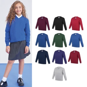 AWDis Academy V-neck Sweatshirt (AC003J) - Kids Boys Girls School Uniform Jumper - Picture 1 of 27