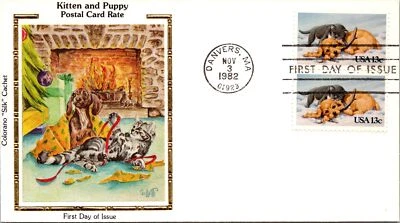 1982 FDC - Kitten & Puppy Postal Card Rate - Danvers, MA - F34704 - Image 1 of 2