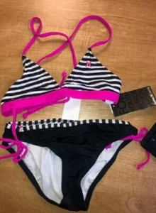 HURLEY BIG GIRL'S SURFSIDE STRIPE BANDED TRIANGLE AND TUNNEL SWIMSUIT, BLACK/PIN - Picture 1 of 2