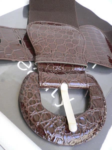 Women Brown Color Elastic Waistband Wide Faux Leather Fashion Belt Size XS S M - Picture 1 of 11