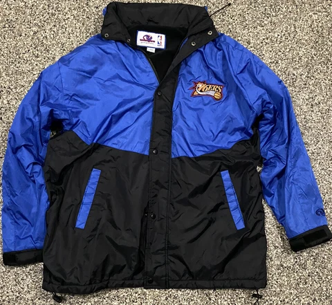 Vintage 90’s Philadelphia 76ers Puffy Jacket Hood Unique Sports Generation Large Cover
