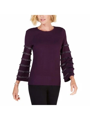 ALFANI Womens Purple Fringed Long Sleeve Jewel Neck Top M - Image 1 of 3