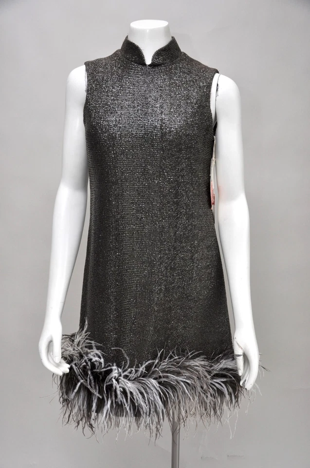 Vestido de fiesta vintage años 60 marrón plateado cojo sin mangas mod ribete de plumas Foto 1 de 4