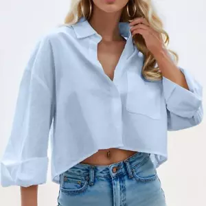 Women's Button Down Cropped Shirts Long Sleeve Crop Tops Lapel Blouse S-2XL - Picture 1 of 14