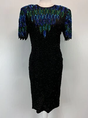 Vestido De Colección Stenay Cuentas Seda Talla 10 Años 80 Negro Pavo Real Espalda Recorte Forrado Corto Foto 1 de 4